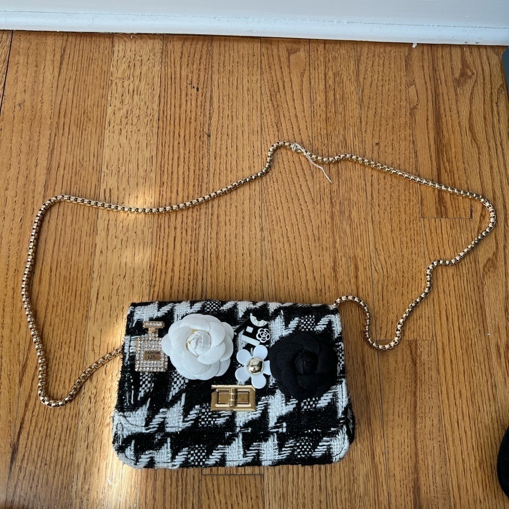 Houndstooth Crossbody Shoulder Bag Floral Rhinestone Accents Luxury Cocktail - Picture 3 of 6